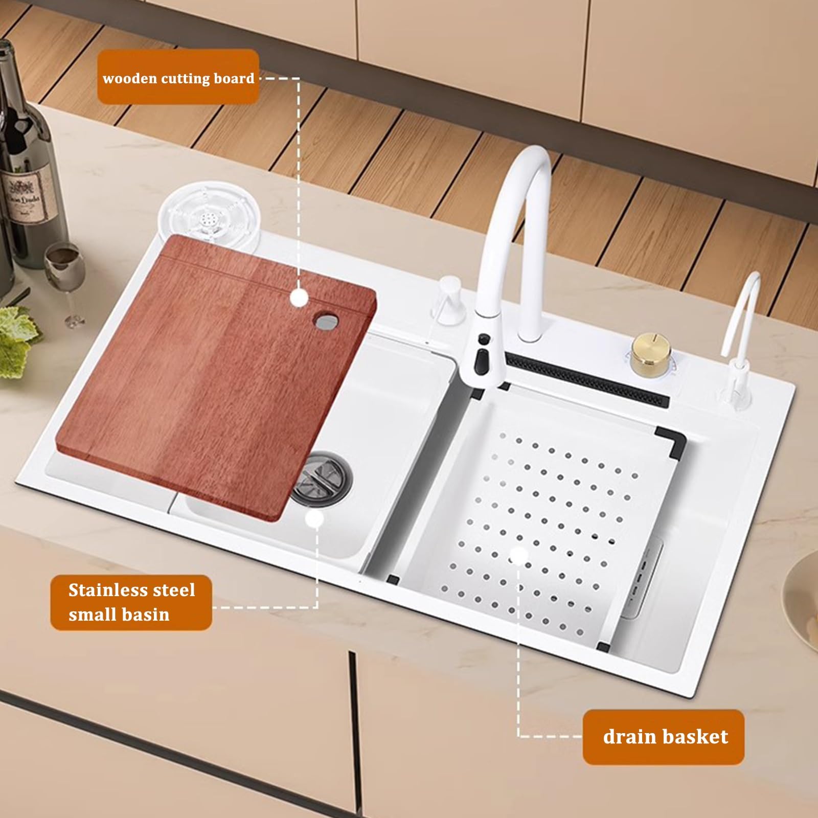 Amazon.co.jp: 白いキッチンシンク304ステンレス鋼のシンク白い滝の